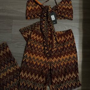 Fashion Nova Brown and Orange Chevron Jumpsuit